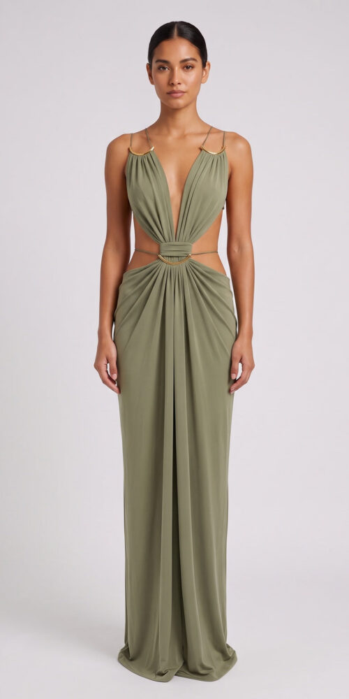 OLIVE GREEN JERSEY COLUMN DRESS WITH CUTOUTS
