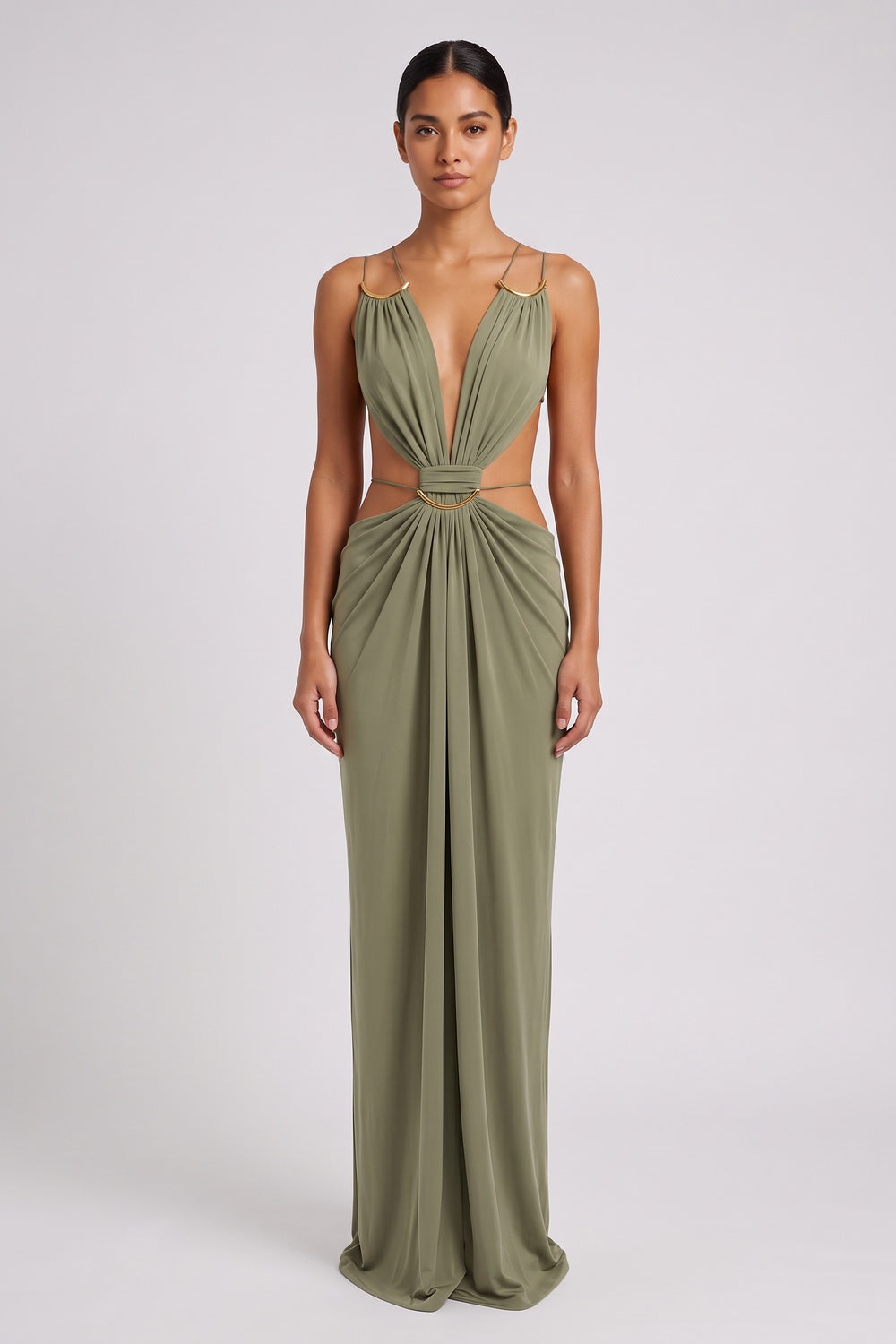3b4e53be2246cf00 OLIVE GREEN JERSEY COLUMN DRESS WITH CUTOUTS