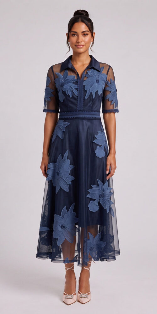 3b5b314a9cfc2d58 NAVY ORGANZA A-LINE MIDI DRESS – FLORAL EMBROIDERY