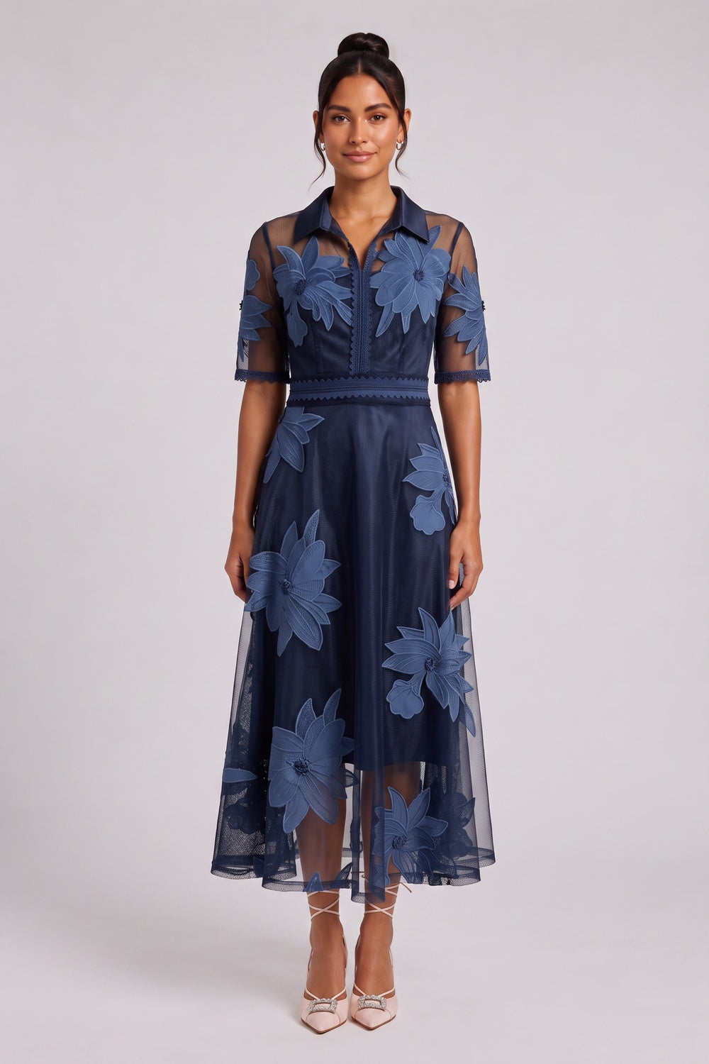 3b5b314a9cfc2d58 NAVY ORGANZA A-LINE MIDI DRESS – FLORAL EMBROIDERY