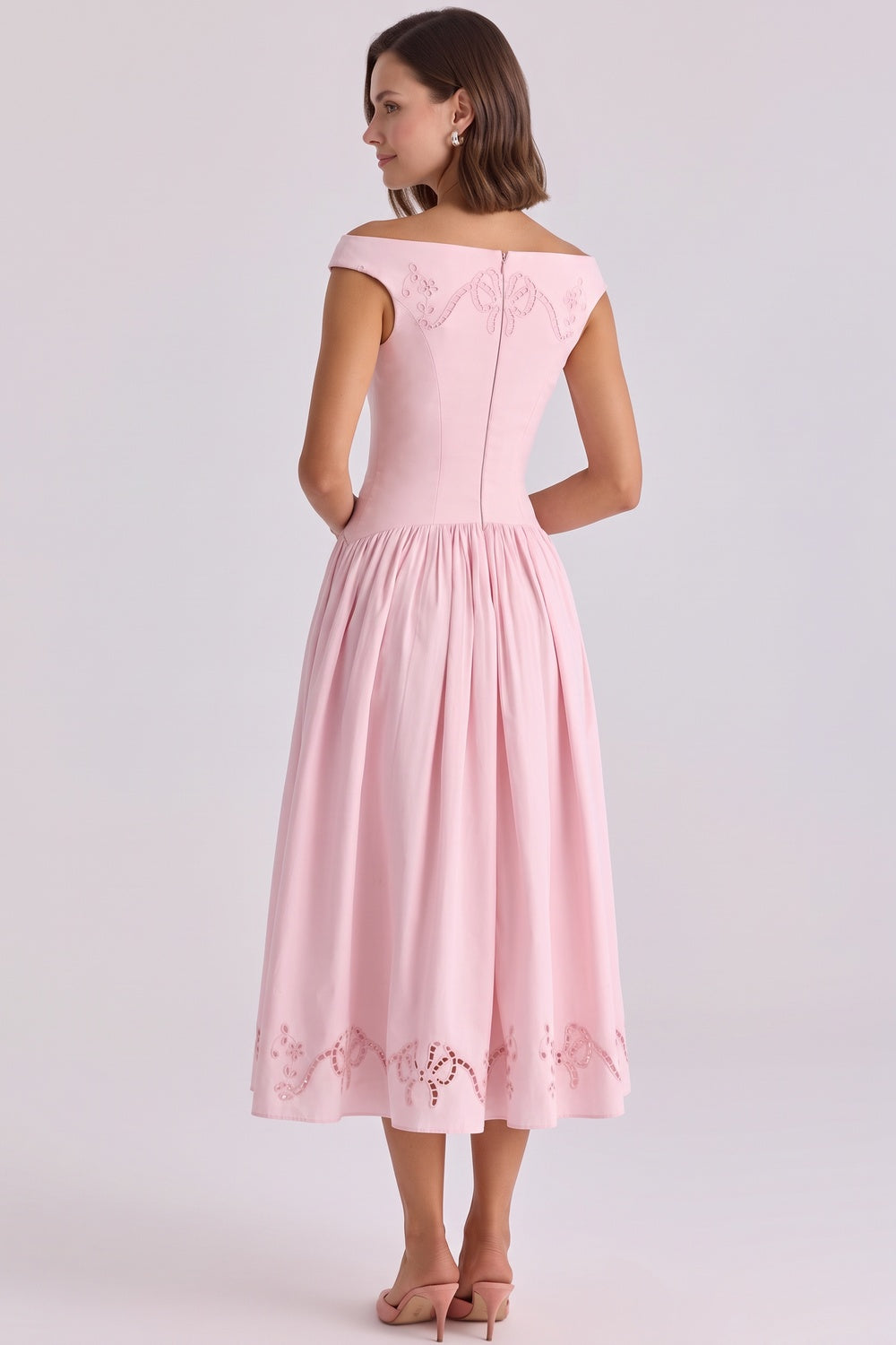 3bac63a1e6ae4080 LIGHT PINK EYELET FIT-AND-FLARE MIDI DRESS