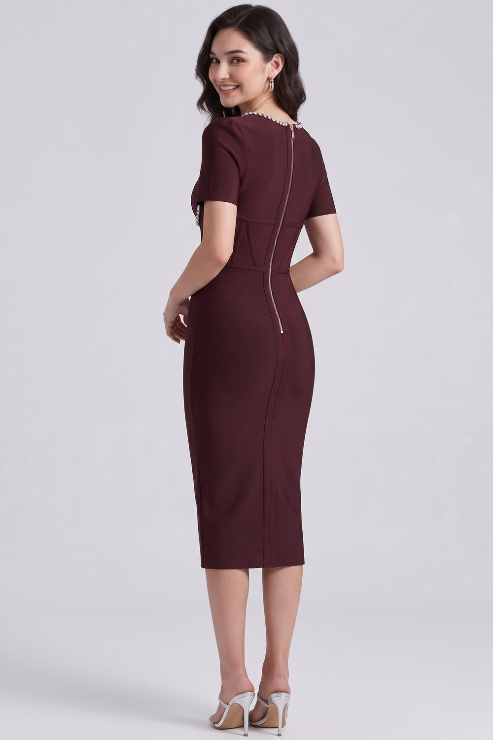 BURGUNDY BANDAGE BODYCON SHEATH DRESS