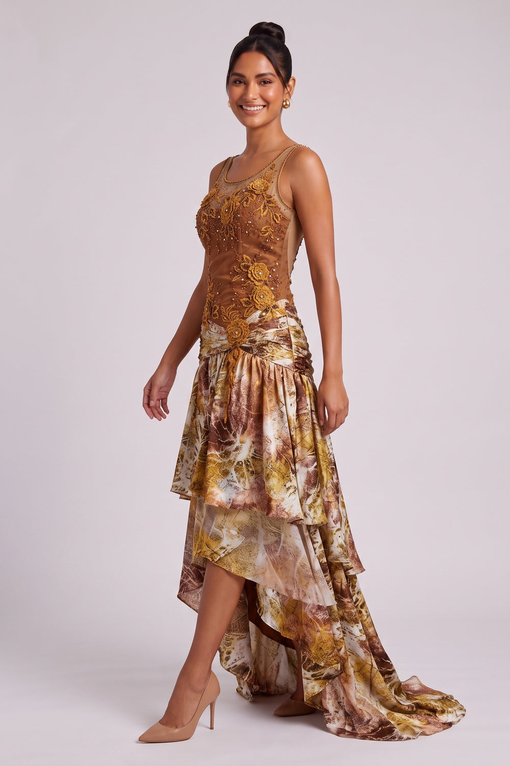 3c6c9e3d34c4e0fc BROWN SILK ASYMMETRIC TIERED MAXI GOWN DRESS