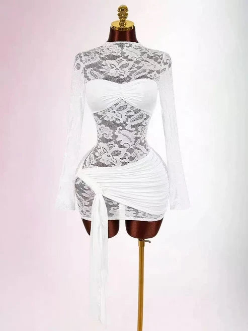 3d8d93d34fea3f674b56de3d10567b52 WHITE FLORAL LACE BODYCON MINI DRESS