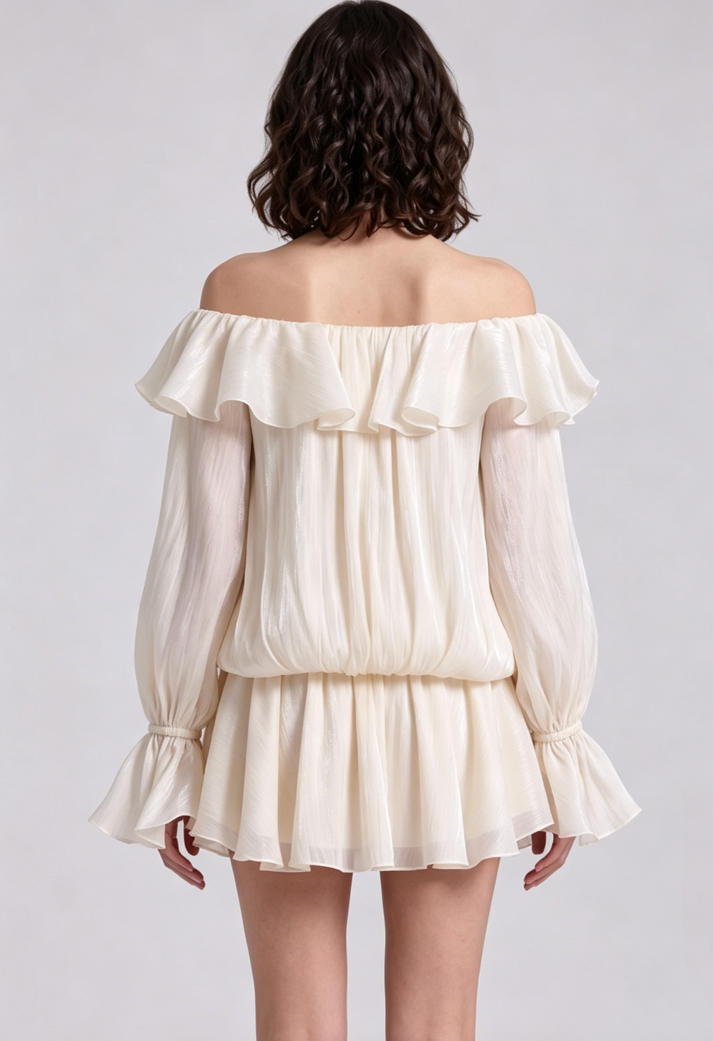 IVORY CHIFFON BLOUSON MINI DRESS – FLARE SKIRT