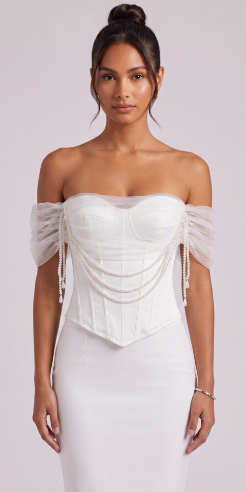 SATIN CORSET TOP – PEARL OFF-SHOULDER BRIDAL