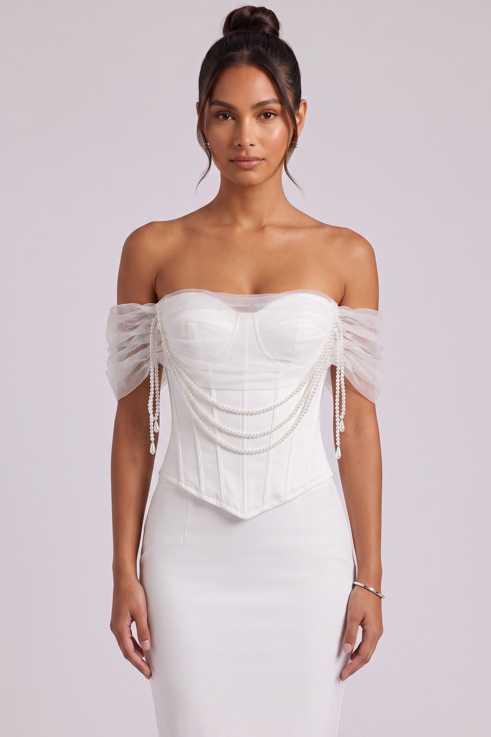 3f40567552db1573 SATIN CORSET TOP – PEARL OFF-SHOULDER BRIDAL