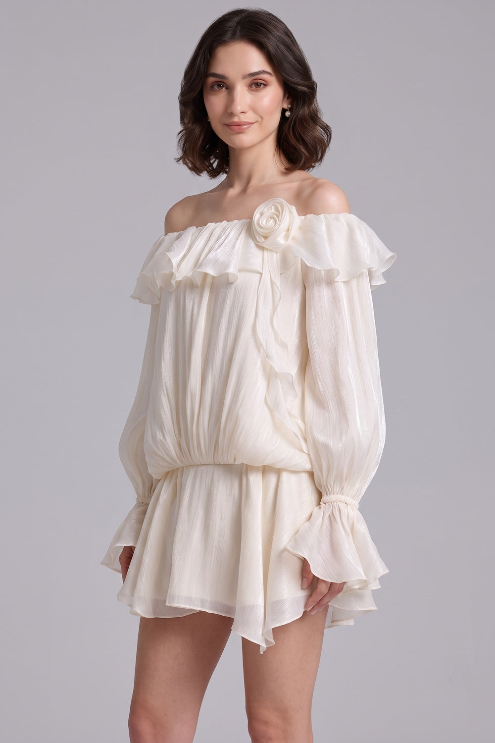 IVORY CHIFFON BLOUSON MINI DRESS – FLARE SKIRT