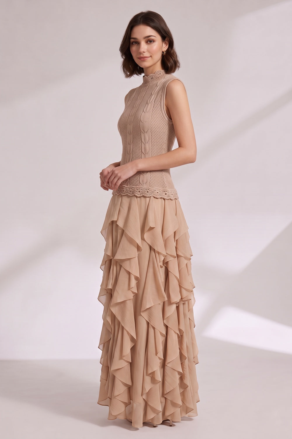 3f7b600ed1ece24b BEIGE KNIT FIT & FLARE MAXI DRESS - RUFFLE TIER