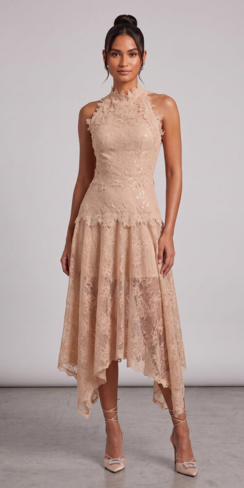 BEIGE FLORAL LACE A-LINE MIDI DRESS – WEDDING GUEST