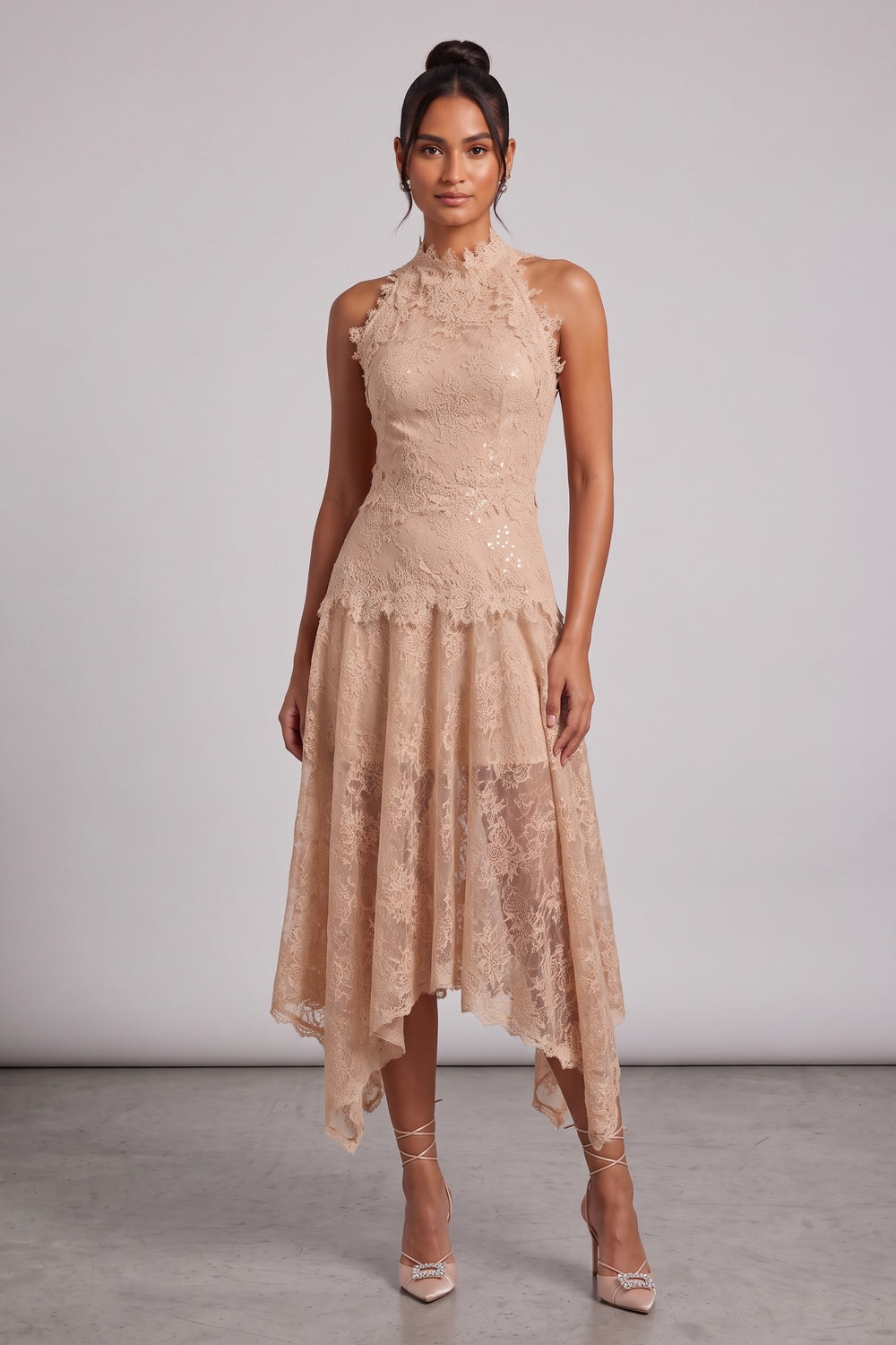 4022023a25c5df18 BEIGE FLORAL LACE A-LINE MIDI DRESS – WEDDING GUEST