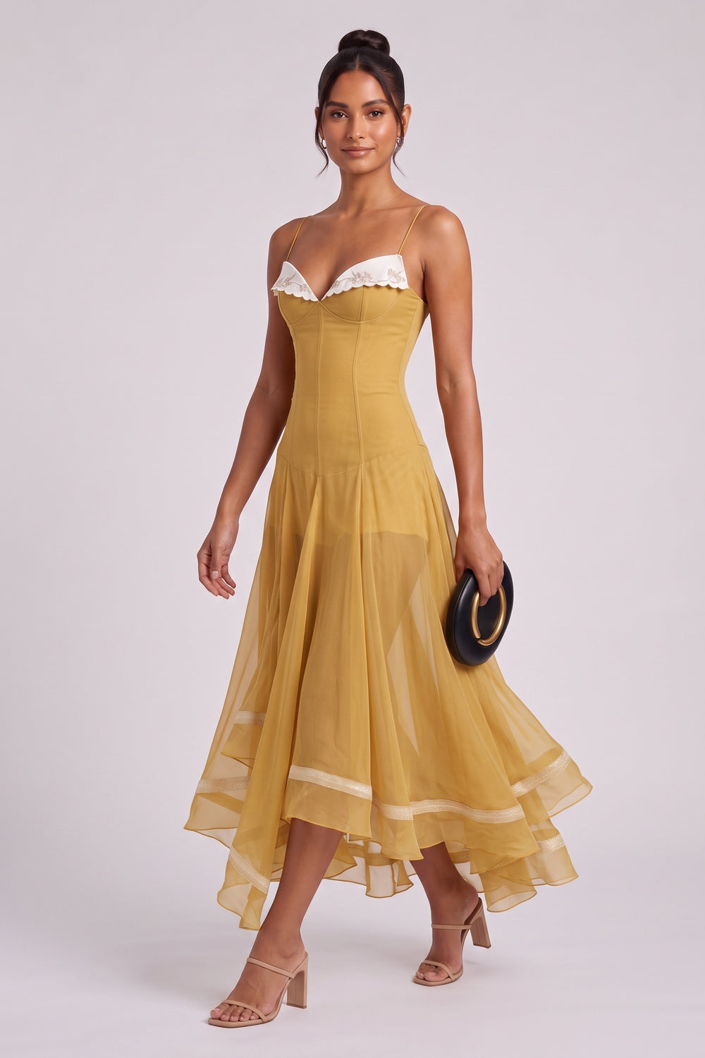 4055e70b8ed11d6a MUSTARD CHIFFON FIT-AND-FLARE MIDI DRESS SCALLOP COLLAR