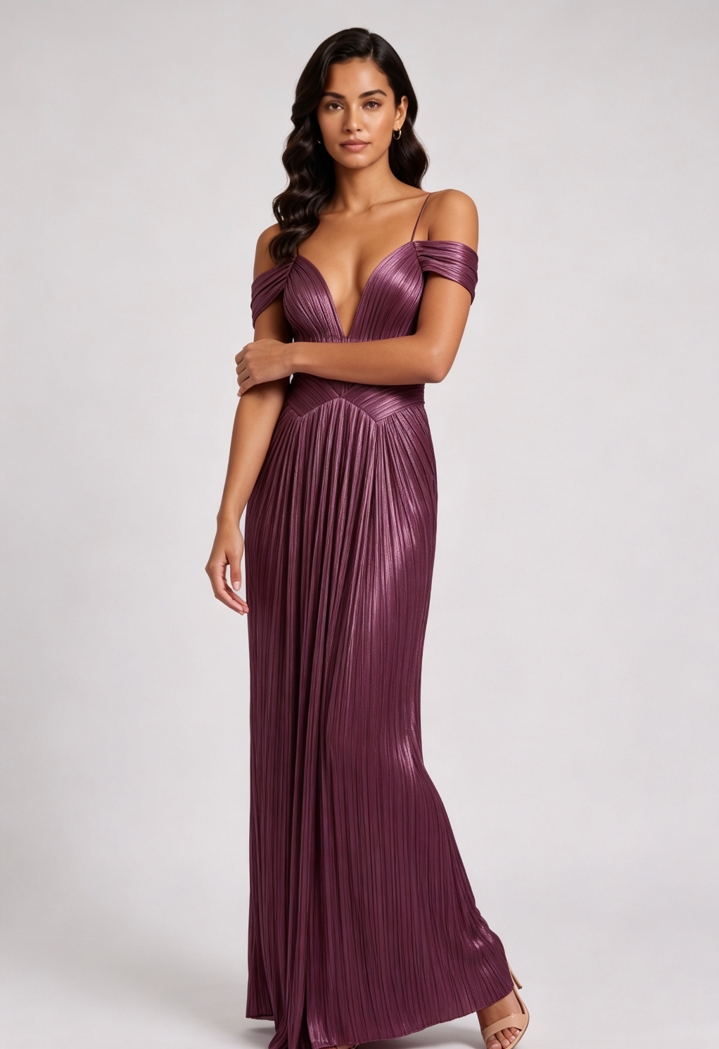 PLUM SATIN PLEATED COLUMN EVENING GOWN