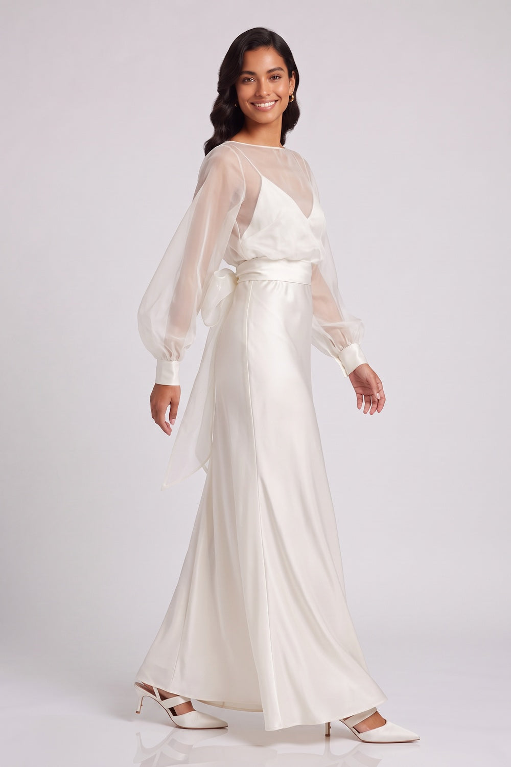 4276b089ed4fcdaf IVORY SILK SATIN COLUMN GOWN WITH FLARED HEM