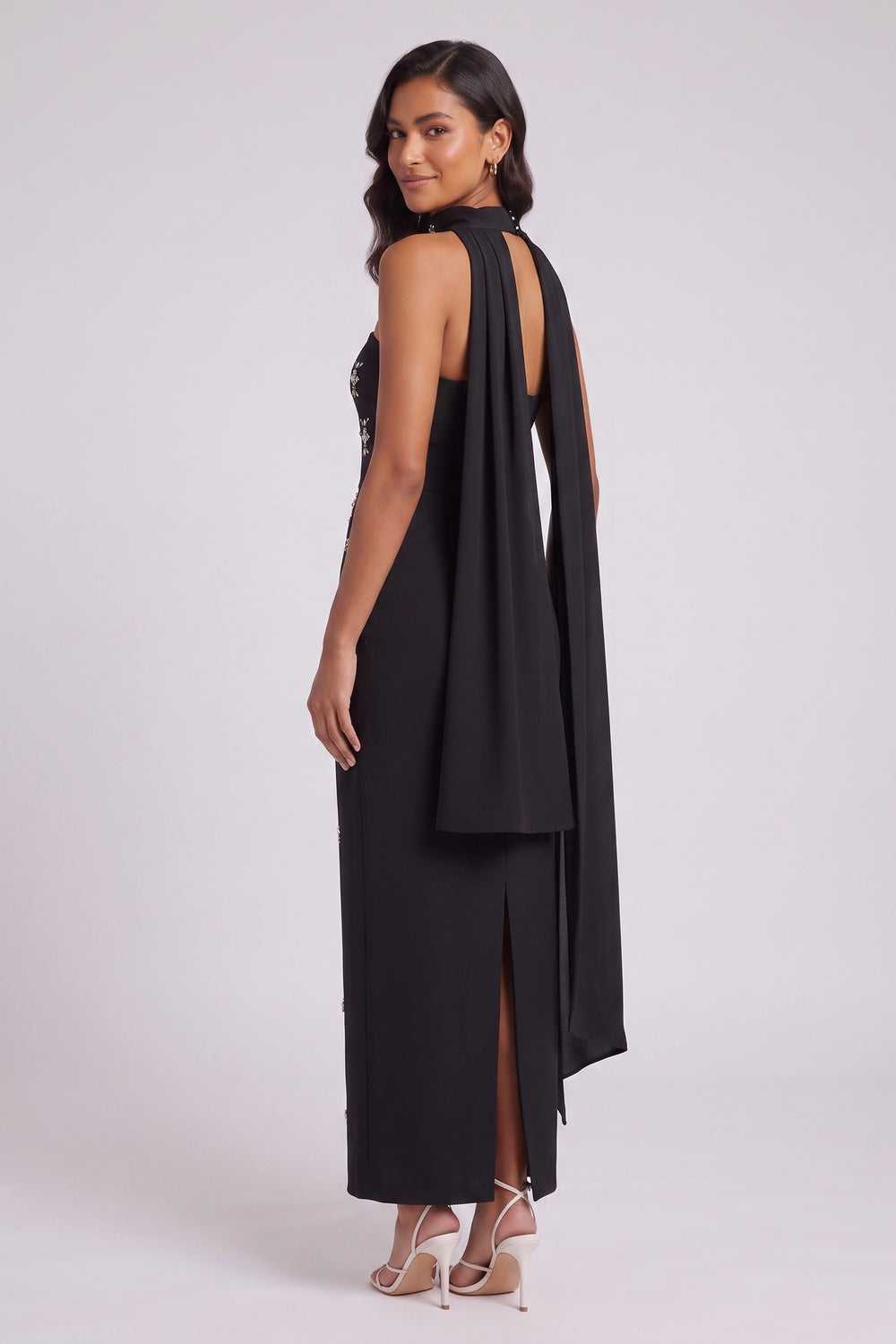 427f73ee6f1afaee BLACK CAPE COLUMN MAXI DRESS SILVER EMBELLISHED EVENING