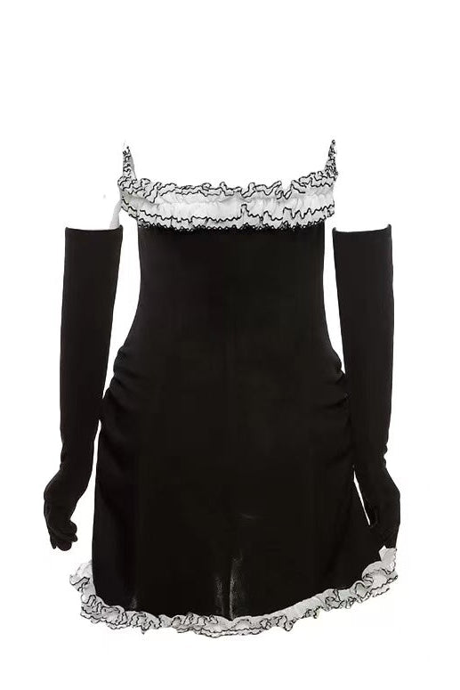 4319574718974189755bfb40e2bac50c STRAPLESS RUFFLE BODYCON MINI DRESS & GLOVES