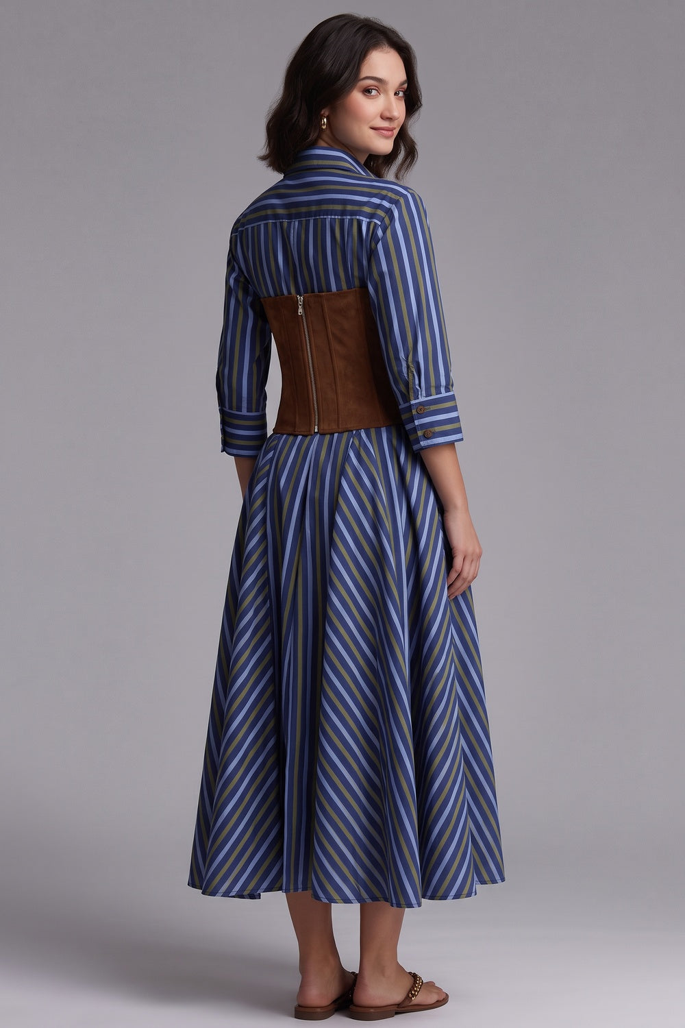 4456439c307dba48 BLUE A-LINE SHIRT DRESS CORSET BELT CASUAL