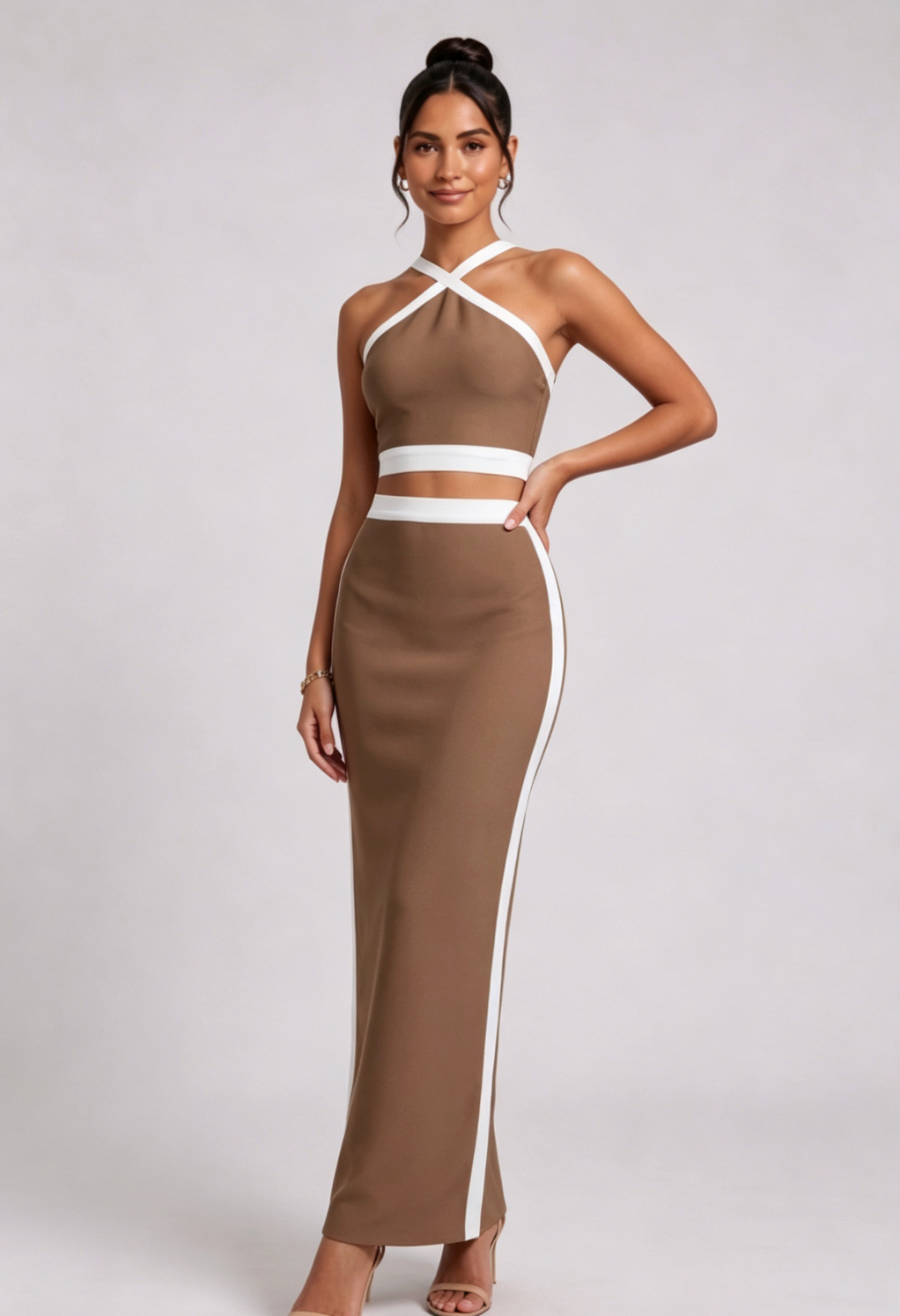 453eb31303b78efb8797a066f1638221 BROWN KNIT HALTER TWO-PIECE SET MAXI SKIRT