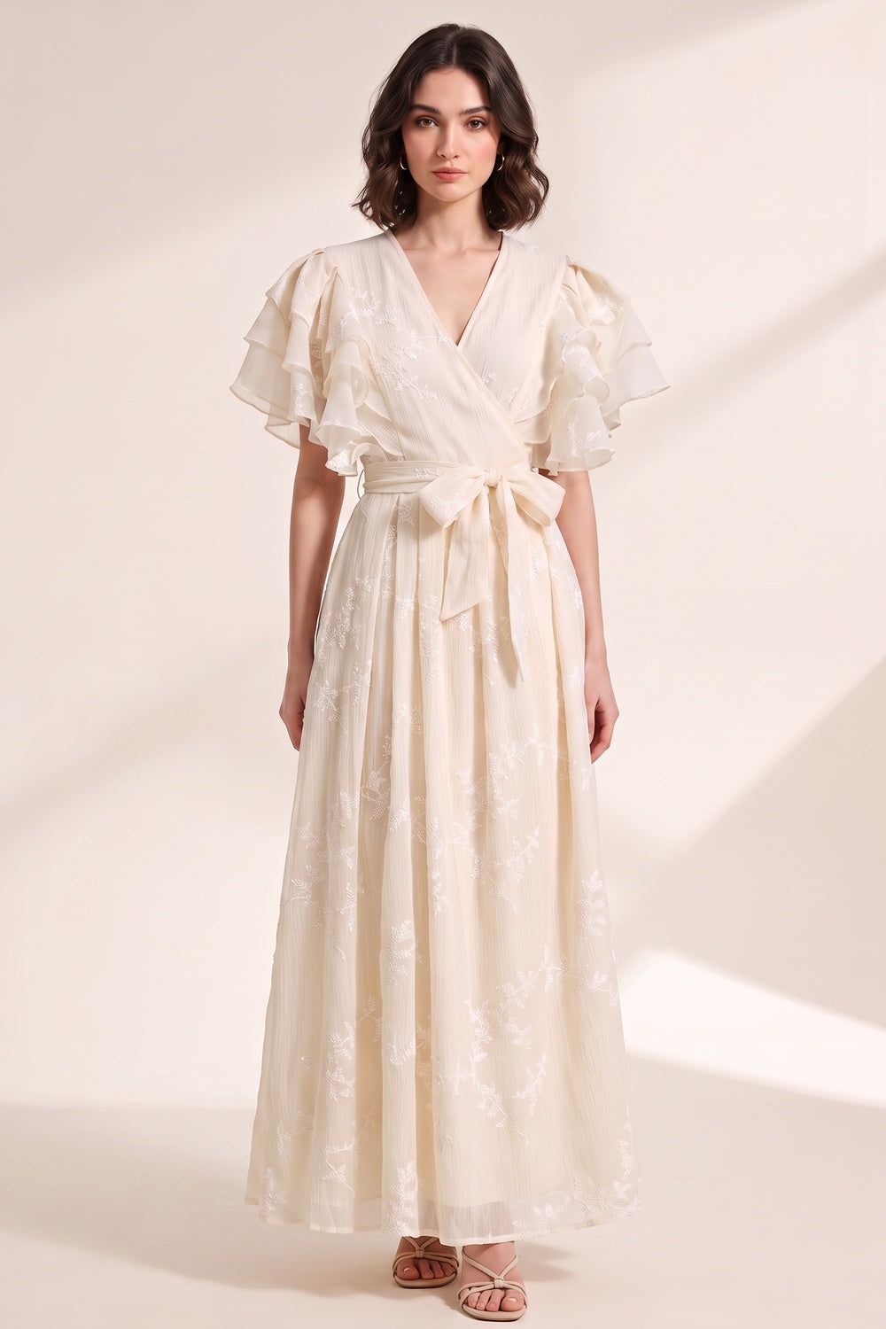 45497af01382ffd9 CREAM CHIFFON A-LINE WRAP DRESS – WEDDING GUEST