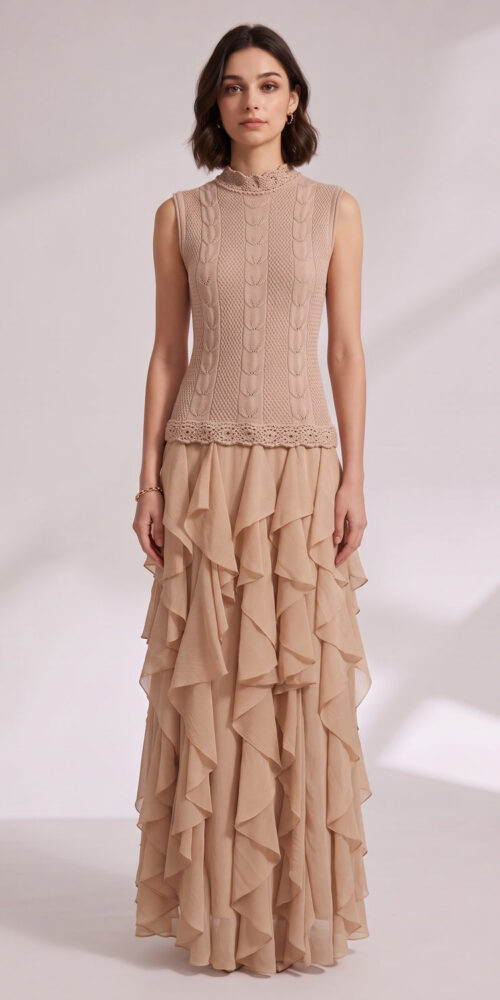 45a25d1e960490df BEIGE KNIT FIT & FLARE MAXI DRESS - RUFFLE TIER