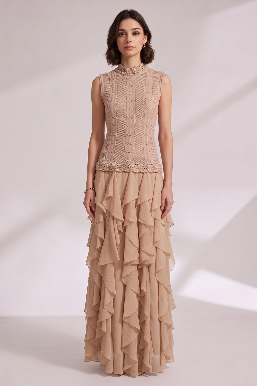 45a25d1e960490df BEIGE KNIT FIT & FLARE MAXI DRESS - RUFFLE TIER