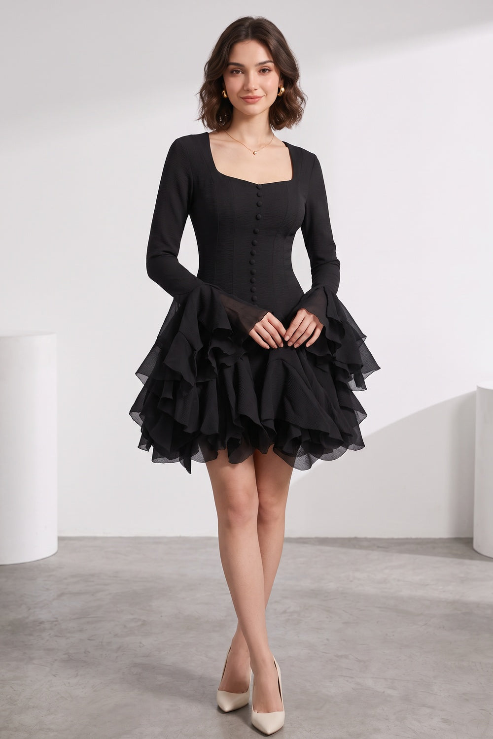45d6666b891ba11b BLACK CREPE FIT-AND-FLARE COCKTAIL DRESS