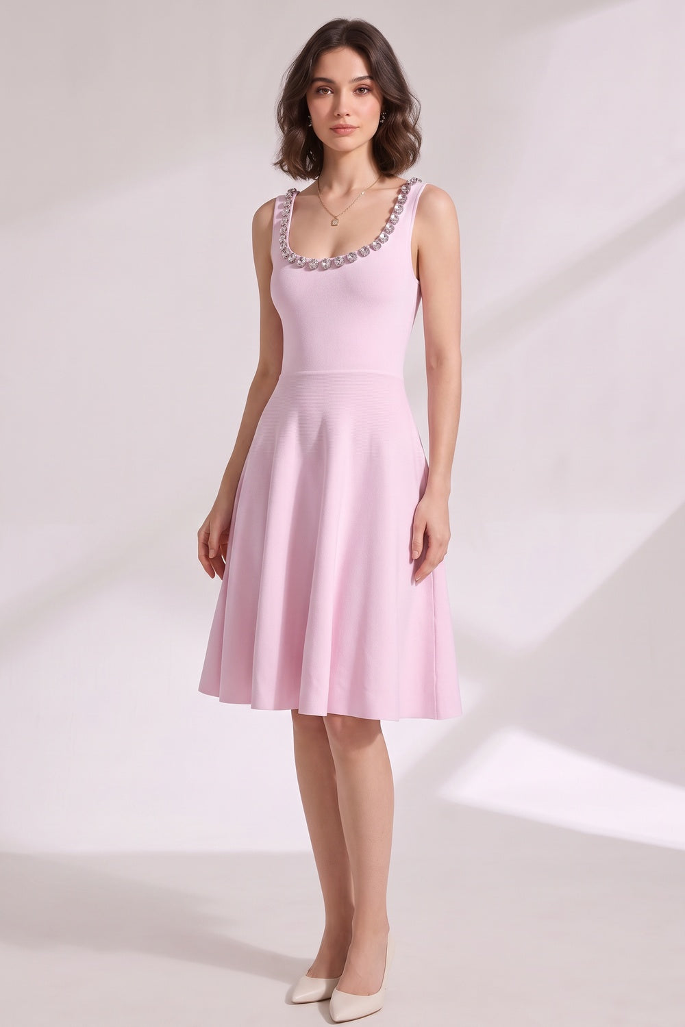 467987f7c26ec81a LIGHT PINK FIT-AND-FLARE KNIT DRESS FOR WEDDINGS