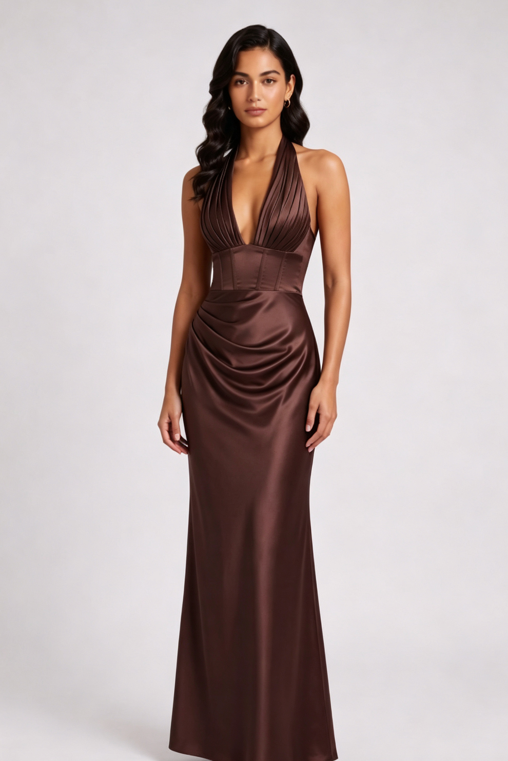 BROWN SATIN COLUMN GOWN - FORMAL EVENING