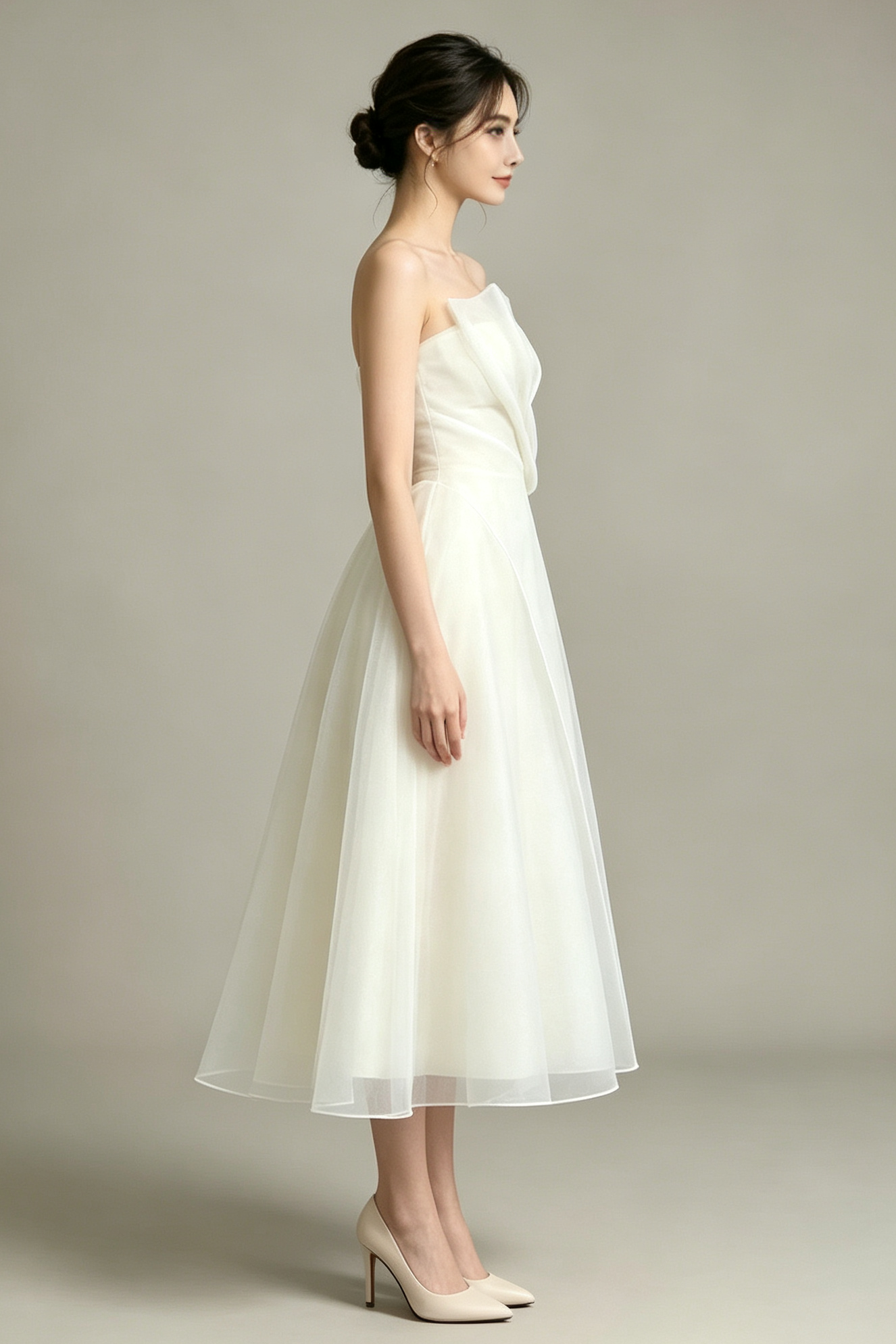 STRAPLESS ORGANZA MIDI DRESS – WHITE PROM & WEDDING