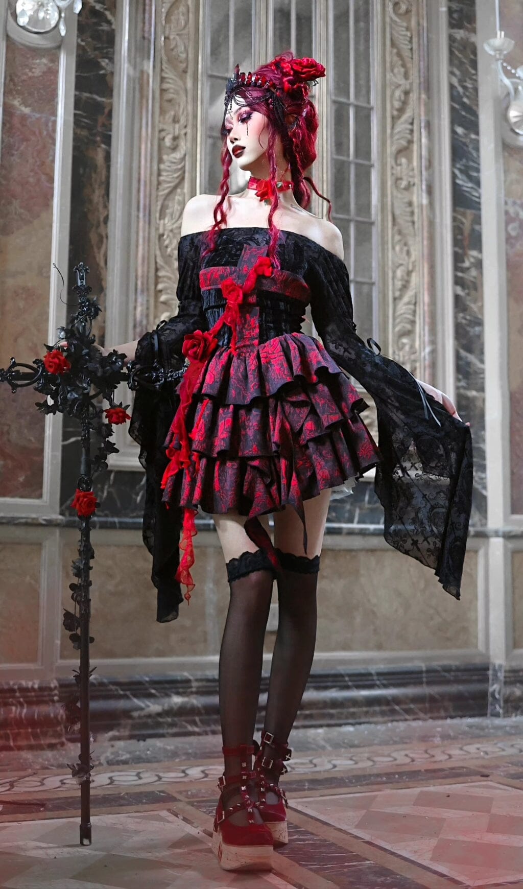 4_cfec19d9-ca0d-4c07-8b03-abfe72253574 GOTHIC OFF-SHOULDER LACE MESH BELL SLEEVE BLOUSE