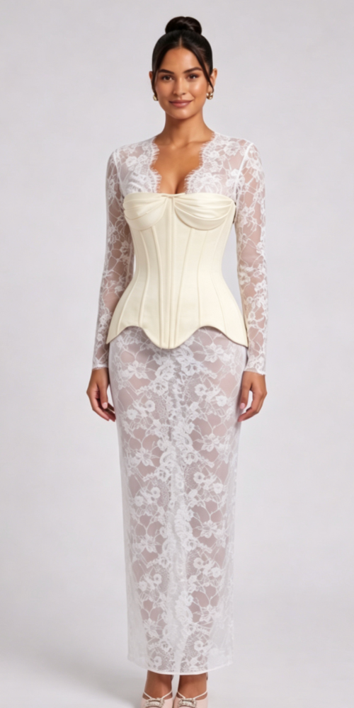 WHITE SHEER LACE CORSET MAXI DRESS WEDDING GUEST