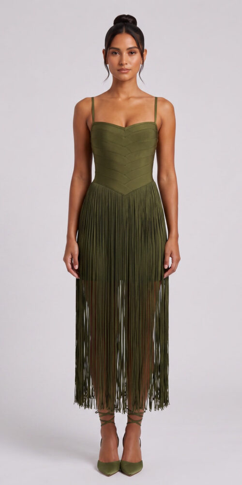 4b7dab269abcdd84 OLIVE STRETCH KNIT FRINGE BODYCON DRESS