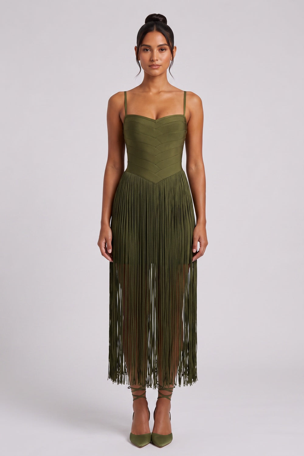 4b7dab269abcdd84 OLIVE STRETCH KNIT FRINGE BODYCON DRESS