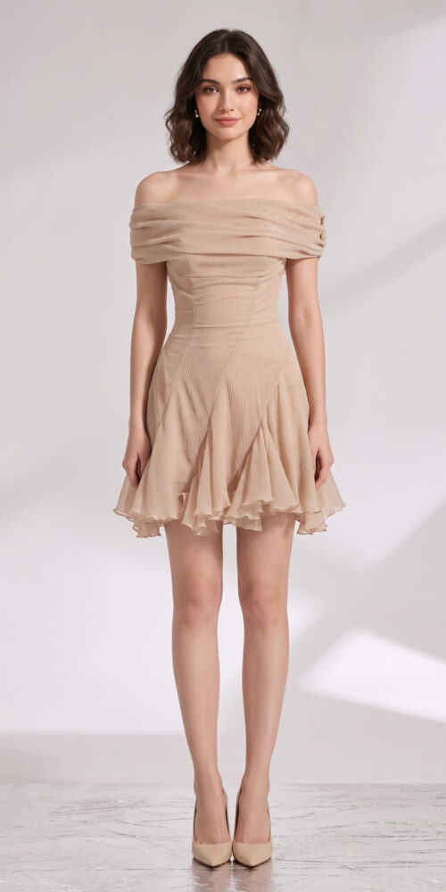 BEIGE OFF-SHOULDER FIT-AND-FLARE CHIFFON MINI DRESS