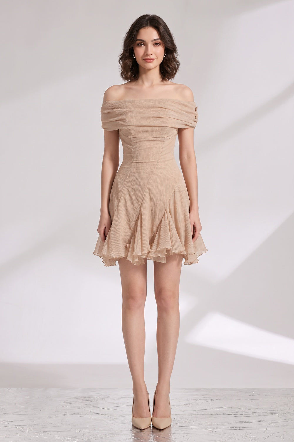 4bd9da927e8acc0b BEIGE OFF-SHOULDER FIT-AND-FLARE CHIFFON MINI DRESS