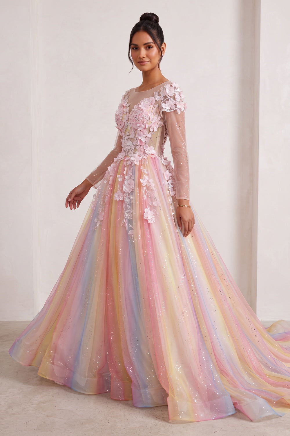 PASTEL TULLE BALLGOWN WITH 3D FLORAL PROM DRESS