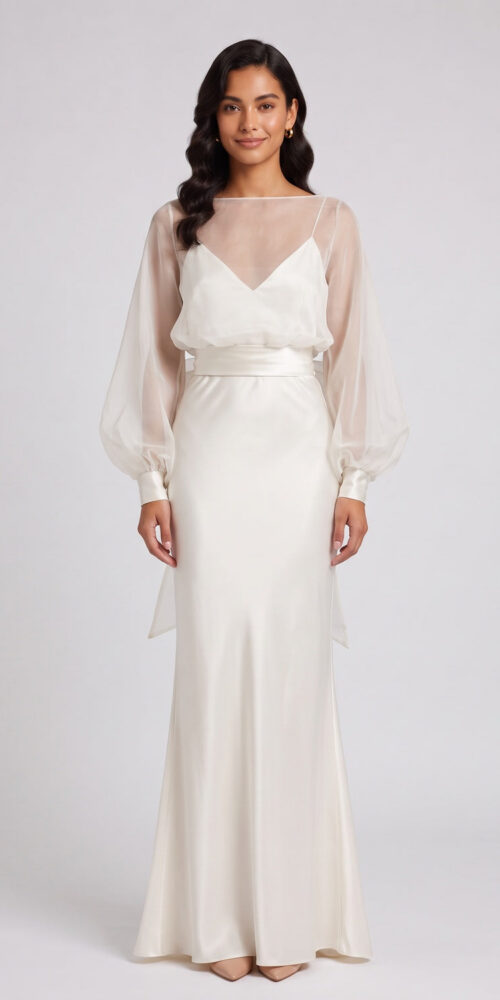 4c3b29d8ba98adf3 IVORY SILK SATIN COLUMN GOWN WITH FLARED HEM