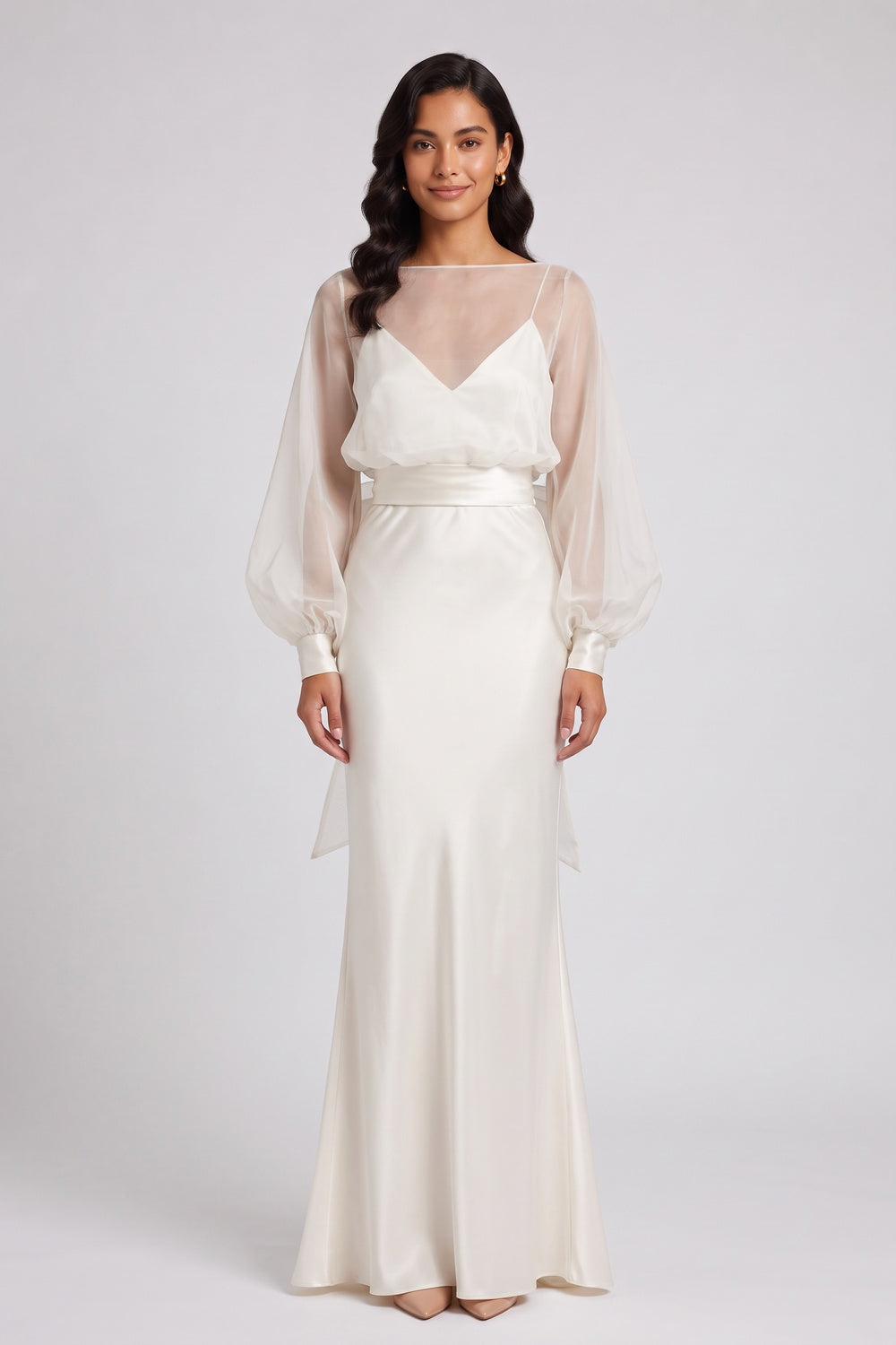 4c3b29d8ba98adf3 IVORY SILK SATIN COLUMN GOWN WITH FLARED HEM