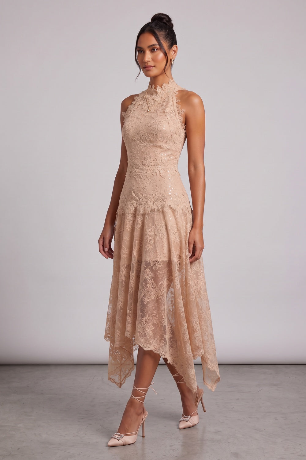 4cd262e3d25a6a81 BEIGE FLORAL LACE A-LINE MIDI DRESS – WEDDING GUEST