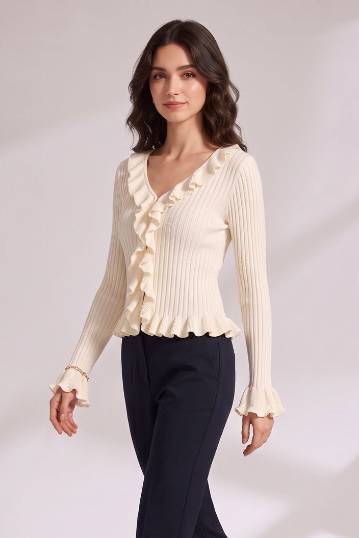 4d21feb17d55186d CREAM RIBBED KNIT FITTED CARDIGAN