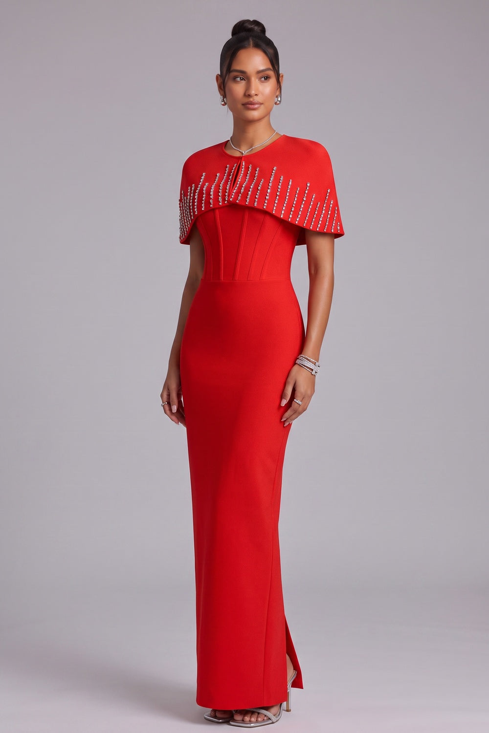 4e734a5e53bf3f71 RED CREPE COLUMN MAXI DRESS CAPELET EVENING
