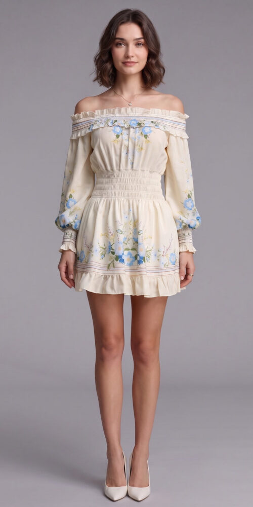 CREAM FIT-AND-FLARE CREPE DRESS – WEDDING GUEST