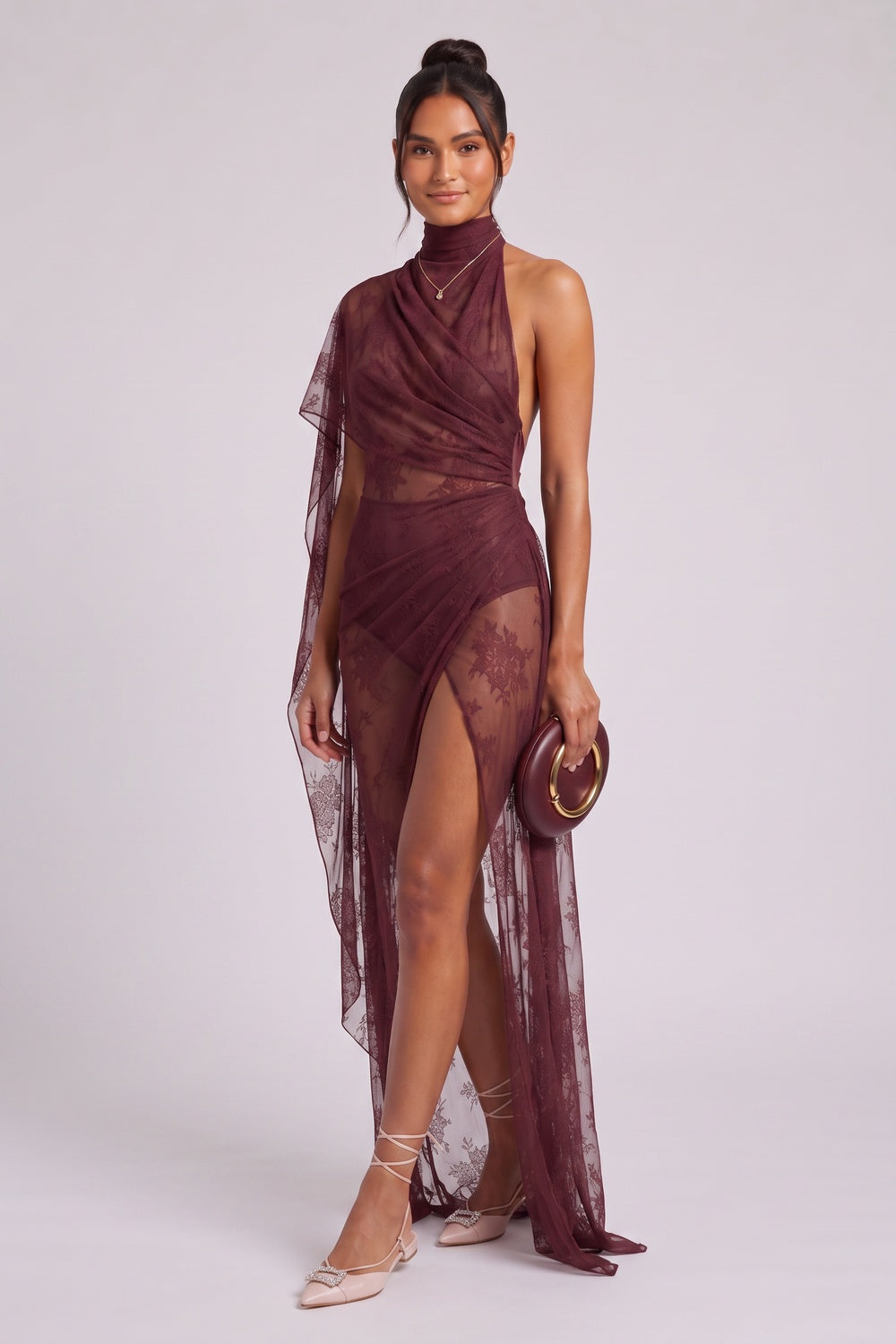 504093df7c921401 BURGUNDY SHEER LACE ASYMMETRIC COLUMN EVENING GOWN