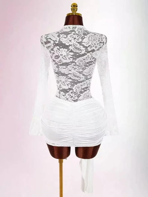 505c44ef4bc0e84aab7ba366f456e7ca WHITE FLORAL LACE BODYCON MINI DRESS