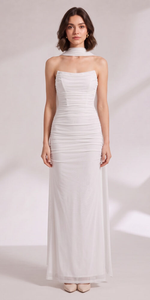 WHITE RUCHED MESH COLUMN EVENING GOWN