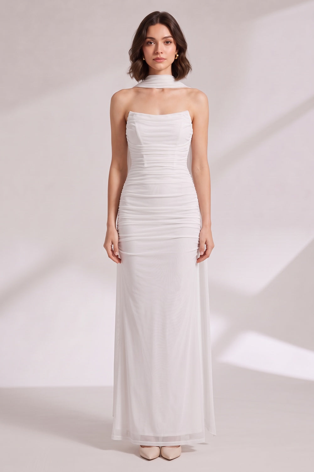 50b265838c8128ee WHITE RUCHED MESH COLUMN EVENING GOWN