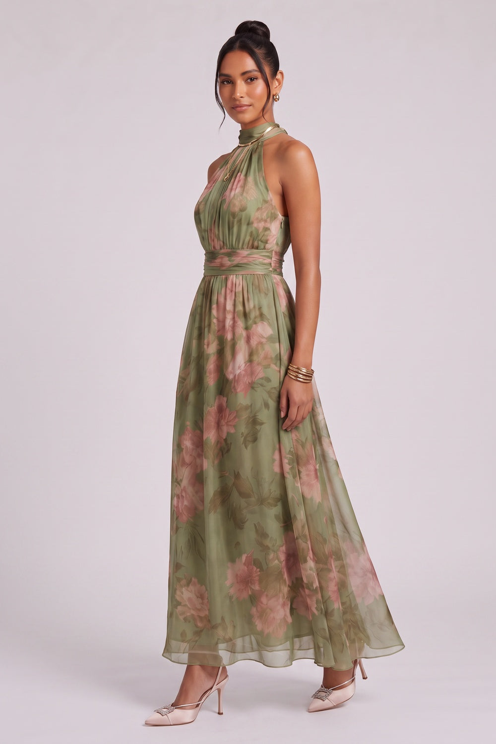 OLIVE GREEN CHIFFON A-LINE DRESS – WEDDING GUEST