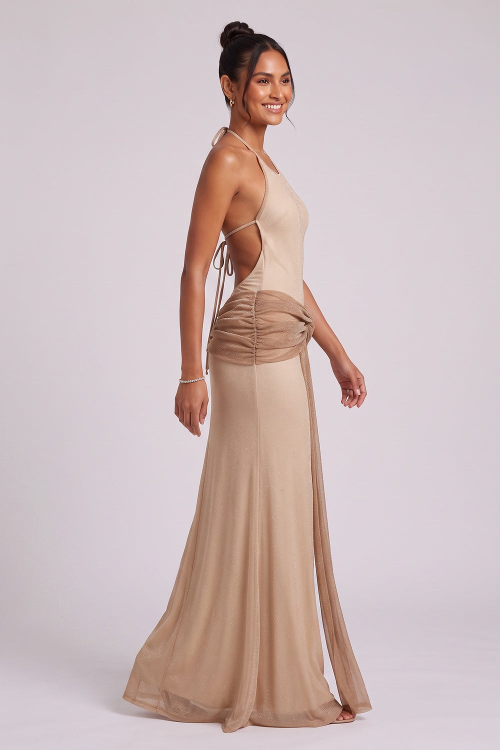 517e10fb46a397fa BEIGE STRETCH KNIT COLUMN EVENING GOWN