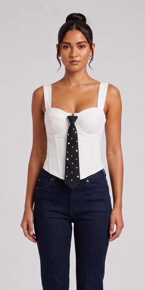 WHITE CORSET BUSTIER TOP PEARL NECKTIE FORMAL