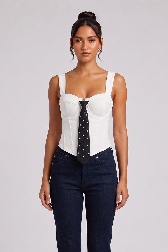 51a925e01b1023fd WHITE CORSET BUSTIER TOP PEARL NECKTIE FORMAL